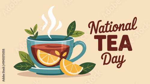 National tea day celebration with a steaming cup of tea and slices of orange on a saucer