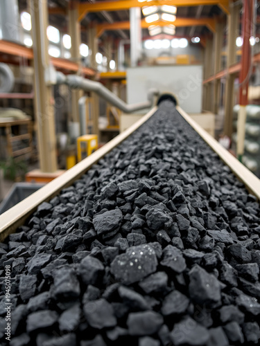 Close-up shot of black coal on conveyor belt. Coal mining industry, resource extraction, fuel transportation. Industrial factory background. Energy, power, carbon resources, raw material.