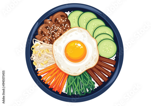 A vibrant, top-down graphic presents a colorful bowl of Korean bibimbap featuring a sunny-side-up egg perfectly encircled by sliced cucumbers, sesame mushrooms, bean sprouts, carrots, and beef strips