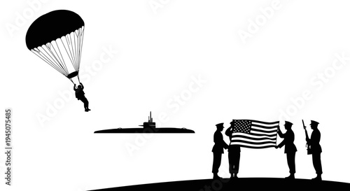 Paratrooper Jumps Near Submarine, Soldiers Hold US Flag