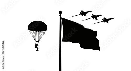Paratrooper Jumps Near Flag and Fighter Jets Flying in Formation