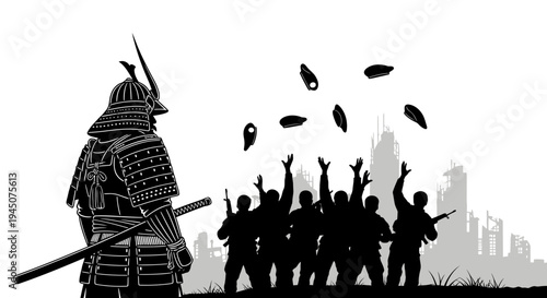 Samurai Warrior Facing Horde of Soldiers in Post-Apocalyptic City Ruins