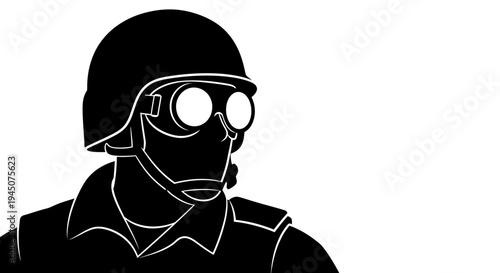 Soldier in gas mask and helmet silhouette, military, war, protection, danger, black and white