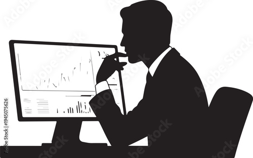 Black silhouette man in suit sitting at desk looking at computer