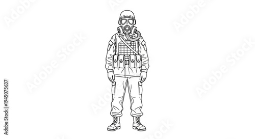 Soldier in Gas Mask and Tactical Gear, Full Body, Black and White Line Art
