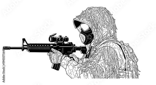 Soldier in Ghillie Suit and Gas Mask Aims Rifle, Tactical Camouflage, Combat Ready