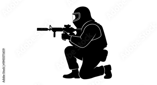 Soldier in tactical gear, kneeling with assault rifle, ready for action