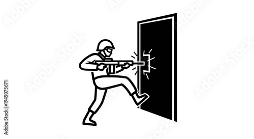 Soldier Kicking Door Open with Rifle, Tactical Entry, SWAT Team Raid Icon