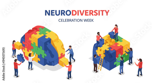 Illustration of diverse people assembling colorful puzzle pieces to form a brain and a cube, symbolizing neurodiversity awareness and acceptance on a white background with a celebratory