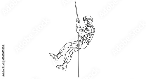 Soldier Rappelling Down Rope with Gear, Military Training, Extreme Sports, Action