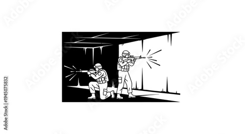 Soldiers in tactical gear firing assault rifles in a dark, confined space with muzzle flash