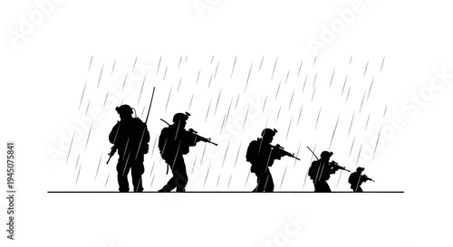 Soldiers marching in heavy rain, silhouette, military operation, tactical gear, teamwork