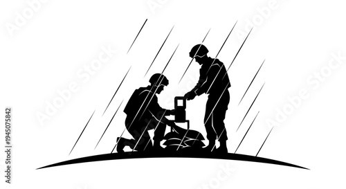 Soldiers in Rain Setting Up Equipment, Military Operation, Teamwork, Outdoor
