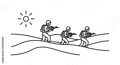 Soldiers marching in desert under hot sun, military operation, arid landscape