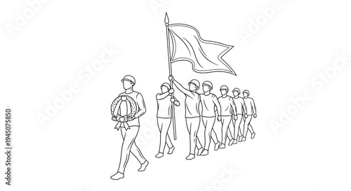 Soldiers Marching with Flag and Wreath, Commemorating Victory