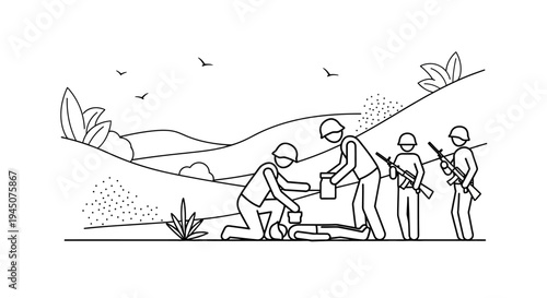 Soldiers providing first aid to wounded comrade on battlefield, war scene illustration