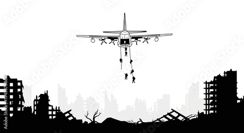Soldiers rappelling from airplane over destroyed city, war, conflict, post-apocalyptic scene
