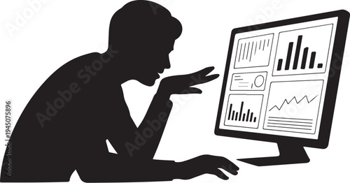 Black silhouette man looking at computer screen with graphs and charts