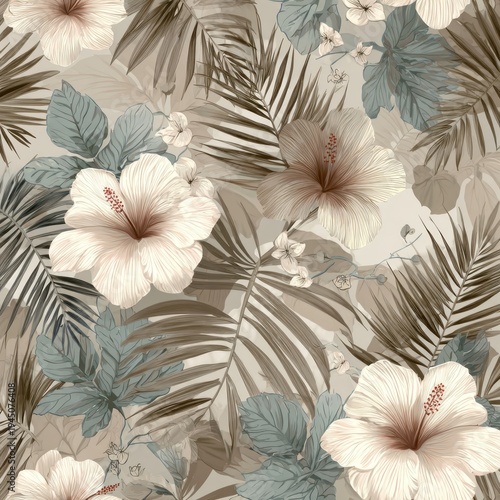 Floral pattern design with hibiscus flowers and palm leaves for textile print