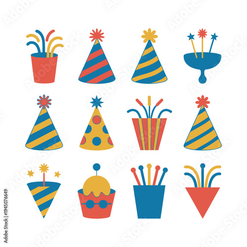A colorful illustration of party hats and fireworks in various shapes