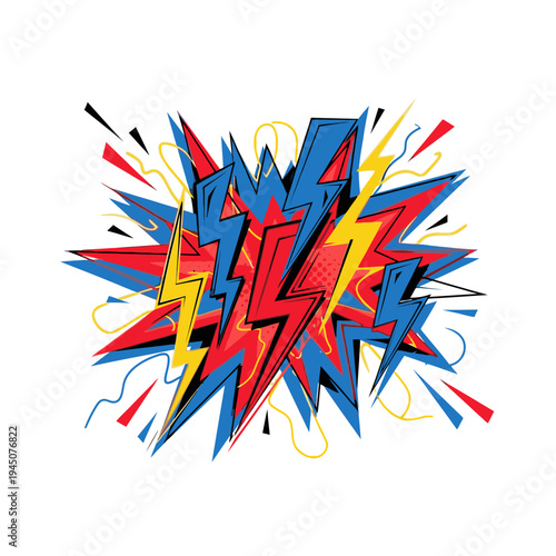 Comic book explosion effect with lightning bolts and colorful abstract lines