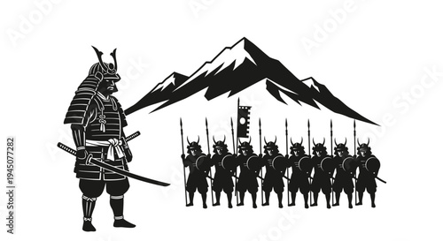 Samurai Warrior Leader and Army Formation with Mountains Background