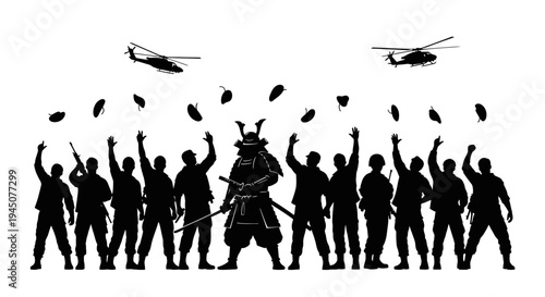 Samurai Warrior Leads Modern Soldiers and Helicopters in Epic Battle Silhouette