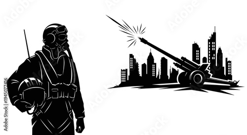 Silhouette of a soldier and artillery firing in a city skyline