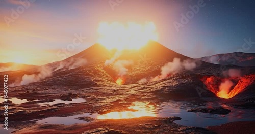 Volcanic Eruption Landscape at Sunset Time.