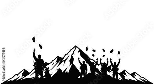 Silhouette of hikers celebrating on mountain peak, throwing hats in the air, achievement, success, freedom