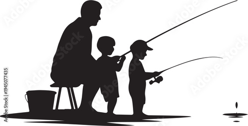 Black silhouette of man and two boys fishing white background
