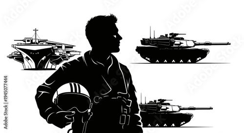 Silhouette of Pilot with Military Aircraft and Tanks - Military Power and Technology Concept