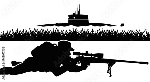 Silhouette of Sniper Aiming Rifle with Submarine and Barbed Wire in Background
