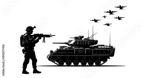Silhouette of Soldier and Tank with Airplanes Flying Overhead