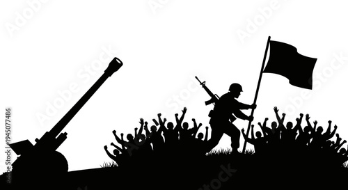 Silhouette of Soldier with Flag and Cannon, Victory Celebration