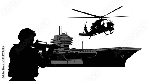 Silhouette of soldier with rifle, helicopter, and aircraft carrier, military operation concept
