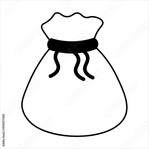 A simple black and white line drawing of a drawstring bag, often used for carrying money or small items.