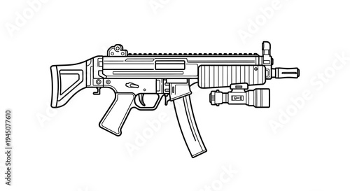 Submachine Gun with Tactical Flashlight Attachment - Line Art Illustration