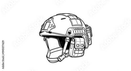 Tactical Combat Helmet with NVG Mount and Side Rails - Line Art Illustration