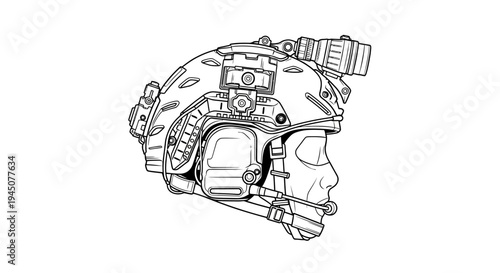 Tactical Helmet with Night Vision Goggles and Accessories - Line Art Illustration