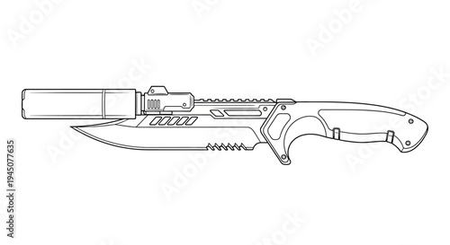 Tactical Combat Knife with Suppressor Attachment - Line Art Illustration