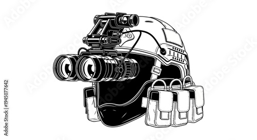 Tactical Helmet with Night Vision Goggles and Pouches - Military Gear Illustration