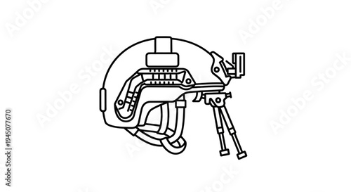 Tactical Helmet with Night Vision Mount and Bipod Line Drawing