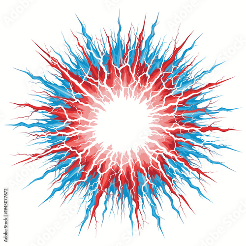A vibrant abstract illustration depicting a powerful, radiating energy burst with dynamic red and blue lightning-like spikes emanating from a bright central core.