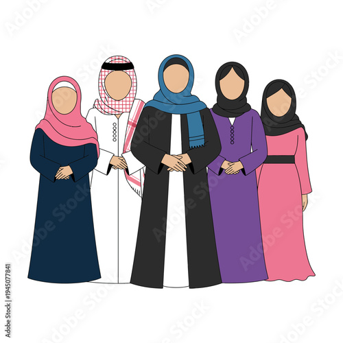 A group of people wearing traditional Middle Eastern clothing and headscarves standing together