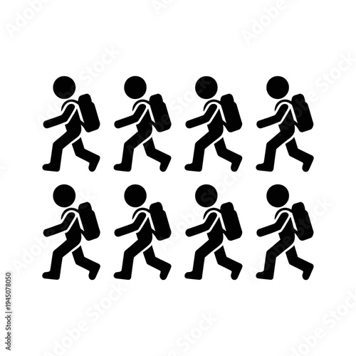 A group of people walking in a line with backpacks on.