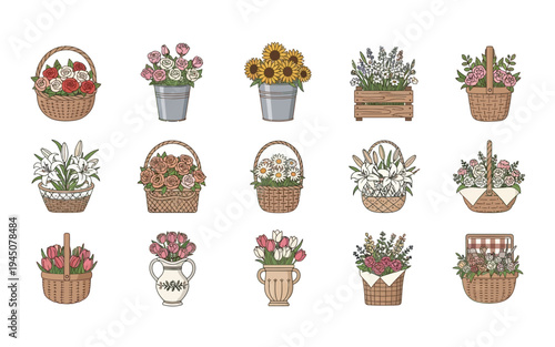 Set of 16 flower basket icons vector