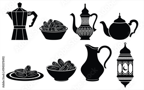 Black and white of coffee and tea with dates