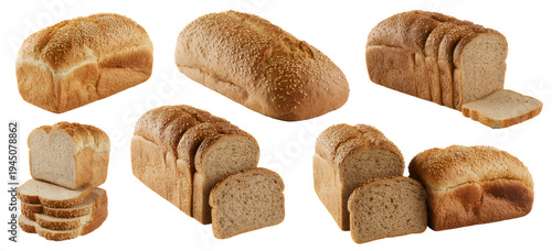 Assorted bread loaves and sliced bread on white background