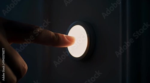 Finger presses a brightly lit circular button in the darkness of night